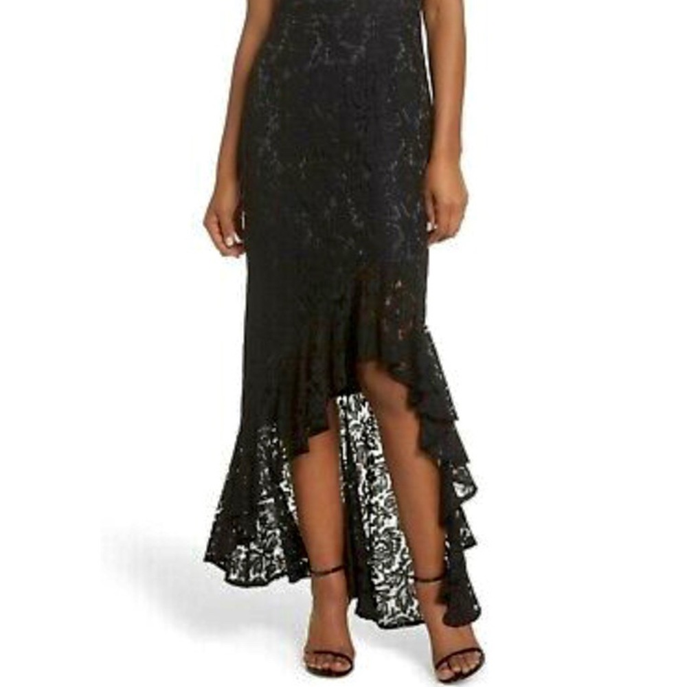 ELIZA J BLACK LACE HIGH LOW RAFFLE MAXI SKIRT
